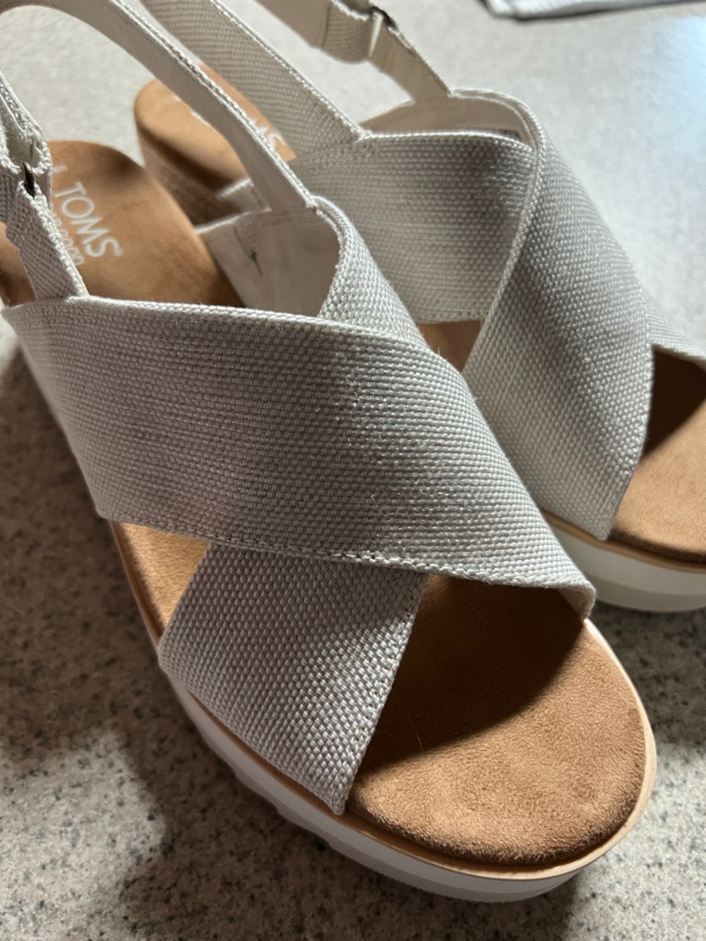 TOMS Women's Crisscross Slingback Sandal in Light Beige Canvas